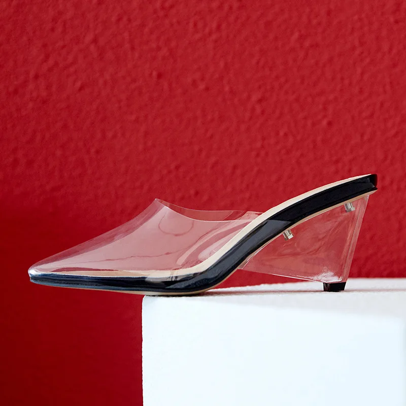Весело VILLE Новинка, модный, из ПВХ, прозрачный летние дамские слипперы обувь на высоком каблуке; пикантная Дамская обувь снаружи тапочки острый носок - Цвет: black