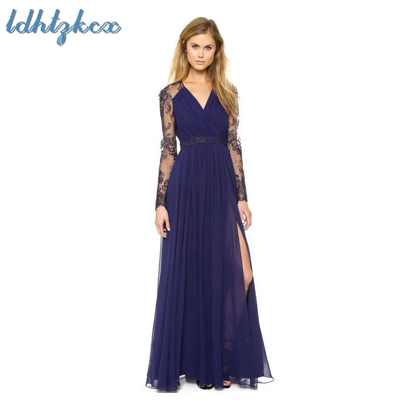 

Summer Lace Dress Navy Blue Embroidery Stitching Long Party Dresses 2019 New V Neck Slim Long Sleeve Sexy Dresses Vestidos LD335