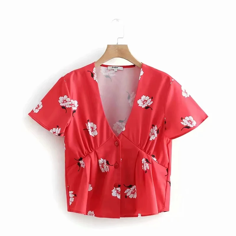 Flower Printing V Neck Women Red Shirt Casual Short Sleeve Blouse