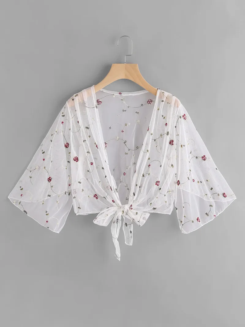 

Sexy Sheer Mesh Sunscreen Shirt Transparent T Shirt Women Wide Sleeve Floral Embroidery Tee Top Vintage Ladies T-Shits