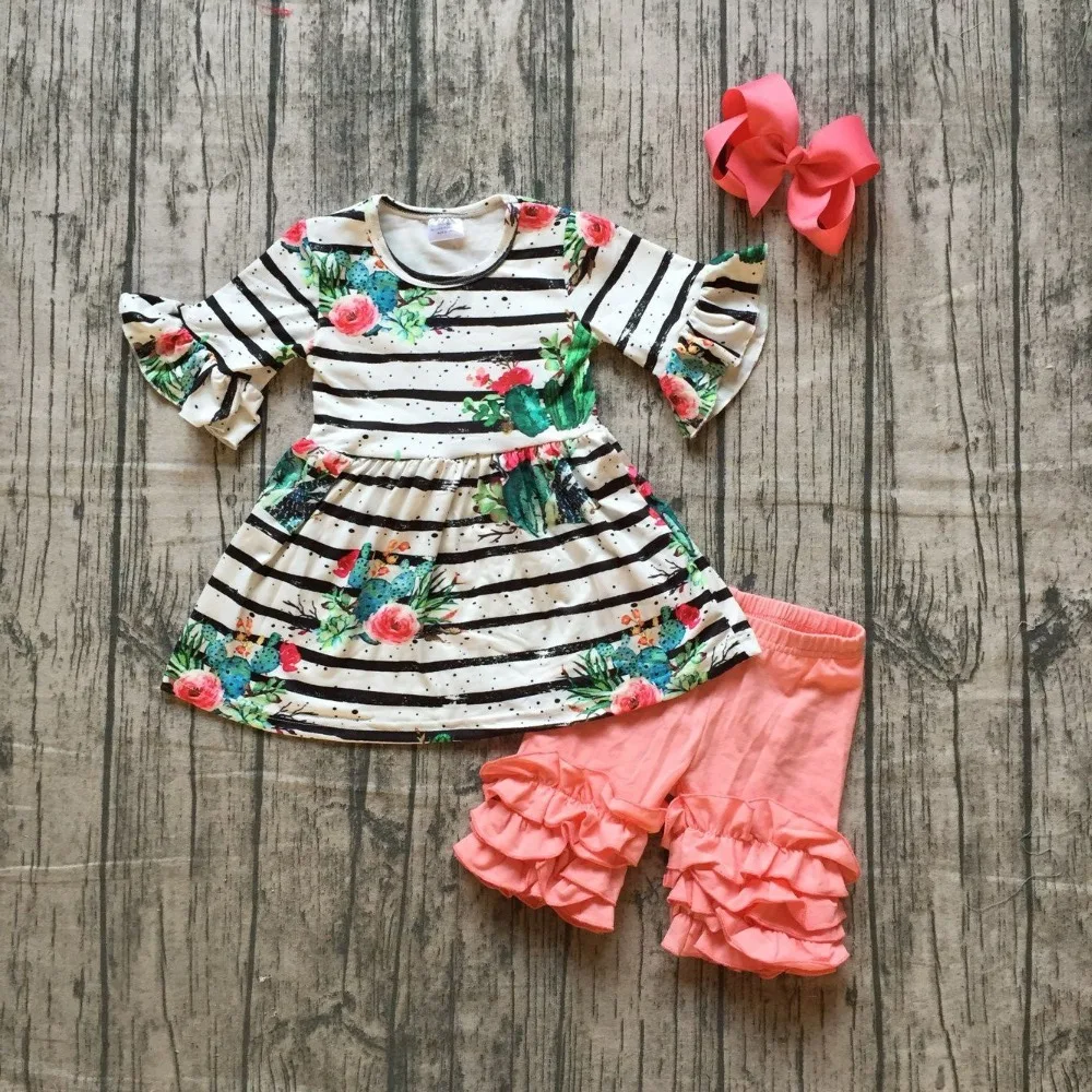 

new arrival Summer outfit cactus floral striped capris set ruffle short sleeve baby girls kids wear boutique match accessories