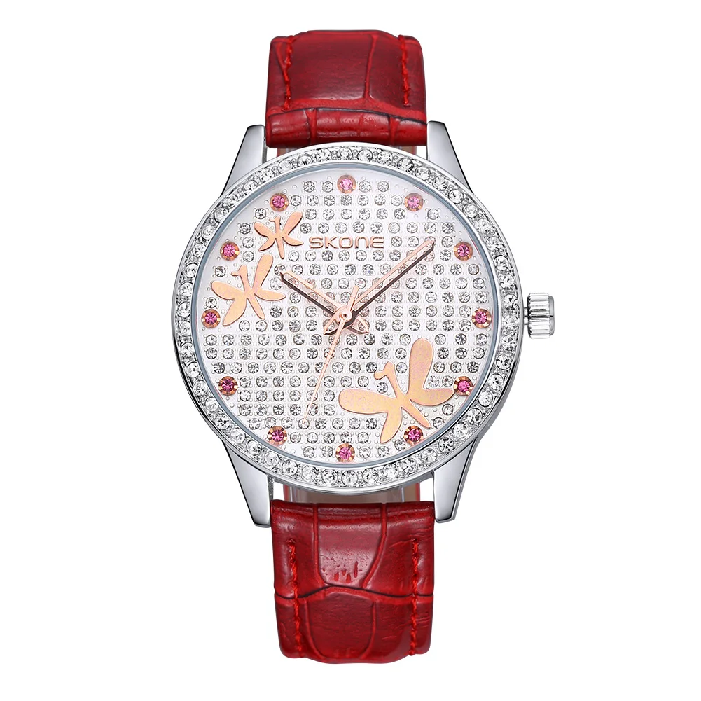 SKONE Big Face Full Crystal Rhinestone Fashion Watches Womens Leather