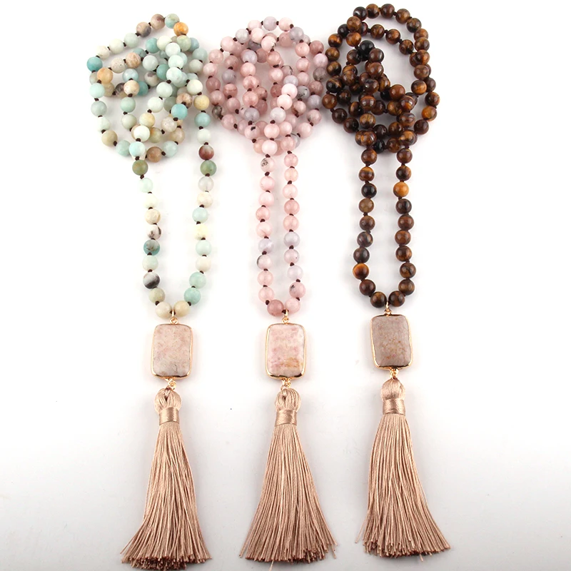 

Fashion Bohemian Tribal Jewelry Natural Stone Knotted Stone Link Beige Tassel Necklaces Women Ethnic Necklace