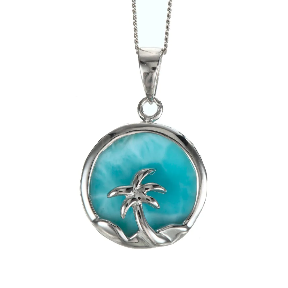 

DJ CH Handmade Item Palm Tree &Ocean Women Pendant Natural Larimar Crystal Pendant in Fine 925 Sterling Silver Gemstone Pendant