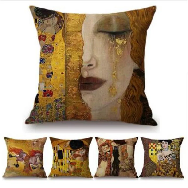 Gold Luxury Decorative Oil Painting Home Decorative Pillow Case Cover Gustav Klimt Gallery Collection Sofa Chair Cushion Cover