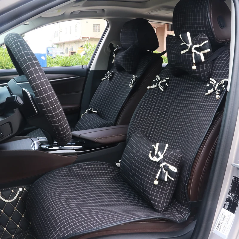 Classic-Plaid-Car-Seat-Covers-For-Women-Girls-Bowknot-Cotton-Universal-Automobile-Seat-Protection-Cushion-1