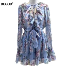 RUGOD 2018 Mais Recente Outono Print Floral Mulheres Vestidos Sexy Vintage Vestidos V Profundo Neck Manga Comprida Praia Vestidos Vestidos Robe