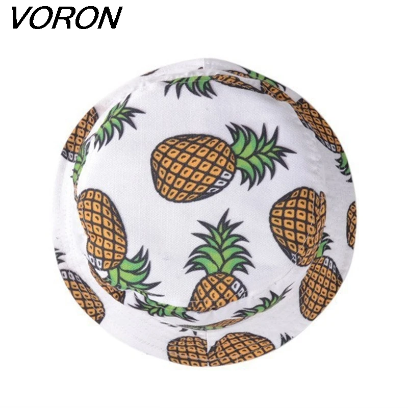 VORON شحن مجاني 2017 جديد أزياء جميلة الصيف الأبيض الأناناس المطبوعة دلو القبعات للنساء/الفتيات