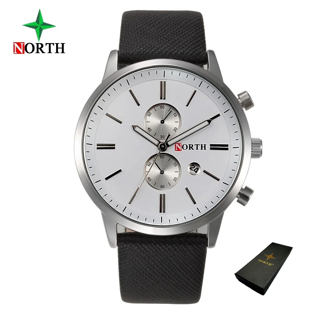 NORTH бренд мужские часы бизнес спорт мужской наручные часы синий кожаный уникальный случайный кварцевые часы для человека водонепроницаемый - Цвет: White Box