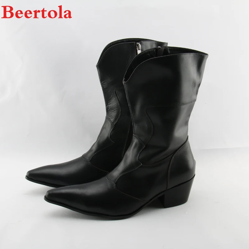 

Beertola Men's Shoes Black Genuine Leather Shoes Winter Mid-Calf Boots Motorcycle Boots Pointed Toe Zipper For Men Botas Hombre