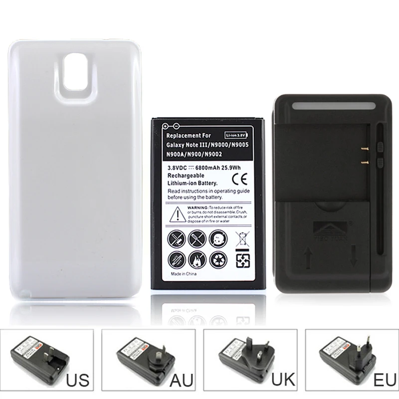 

High Capacity 6800mAh Extended Repalcement Phone Battery For Samsung Galaxy Note 3 N9000 N9005 N9002 + Back Cover + Wall Charger
