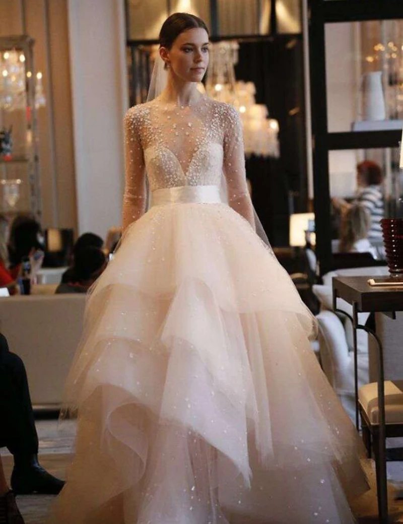 Wedding Dress Pearls Real Samples Ball Gown Beadings 2017 Long Sleeves