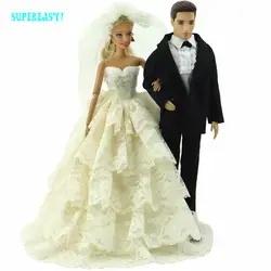 Отличное качество свадебное вечернее платье вуаль свадебное платье для куклы Барби и мужская одежда деловой костюм Одежда для Кена кукла
