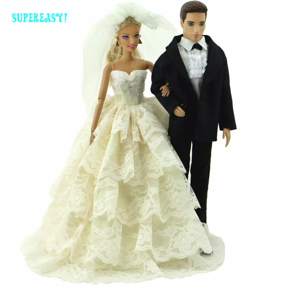 

Excellent Quality Wedding Party Dress Veil Bride Gown For Barbie Doll And Men's Outfit Business Suit Clothes For Ken Doll Gift