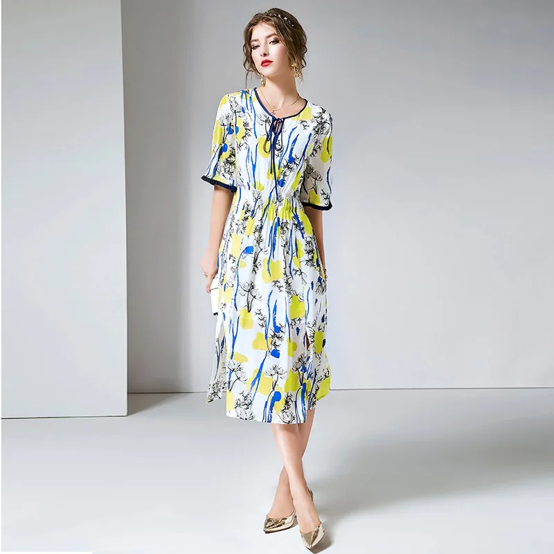 

100% Silk Dress Women Multi Printed O-Neck Short Sleeve Lightweight Fabric Straight Casual Split Dress New Fashion Style 2019