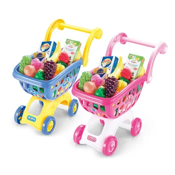 

Mini Supermarket Shopping Cart Storage Box Shopping Trolley with Grocery Food Toy Fun Prentend for Kids - Pink