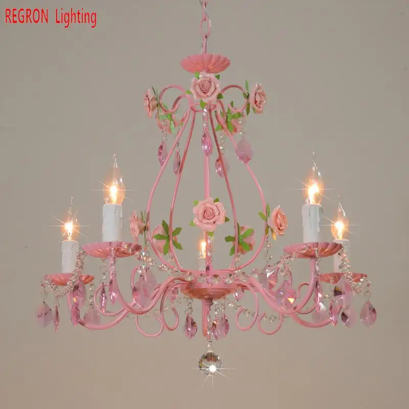 Regron Wedding Chandelier Lights Modern Crystal Pink Rose Iron LED