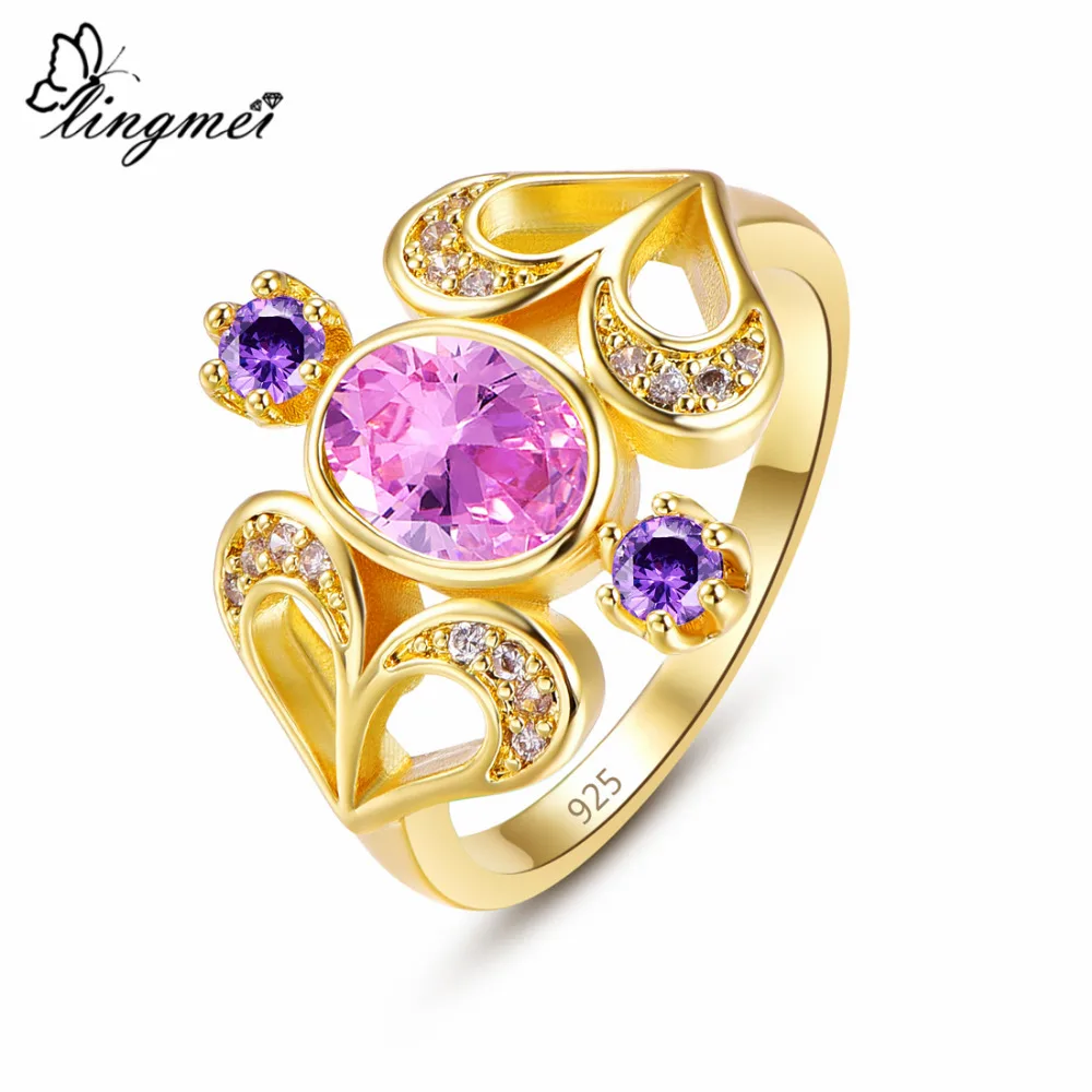 

Lingmei Wedding Oval Cut Pink & Gold & Purple Zircon Silver Yellow Goldplated Heart Ring Size 6 7 8 9 Fashion Women Gifts