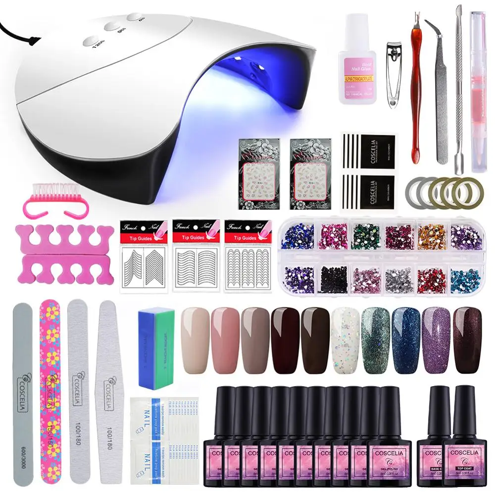 

COSCELIA Full Manicure Set With 24/36W Lamp 10PCS Gel Nail Polish Manicure Nail Art Tools Set For Gel Varnish Acrylic Nail Kit