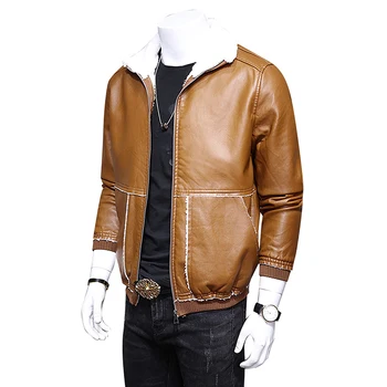 

M-4XL Men Fleece Leather Coat Leather Jacket Black / Khaki Male Large Size Skin Overcoat Leather For 2018 Autumn Winter