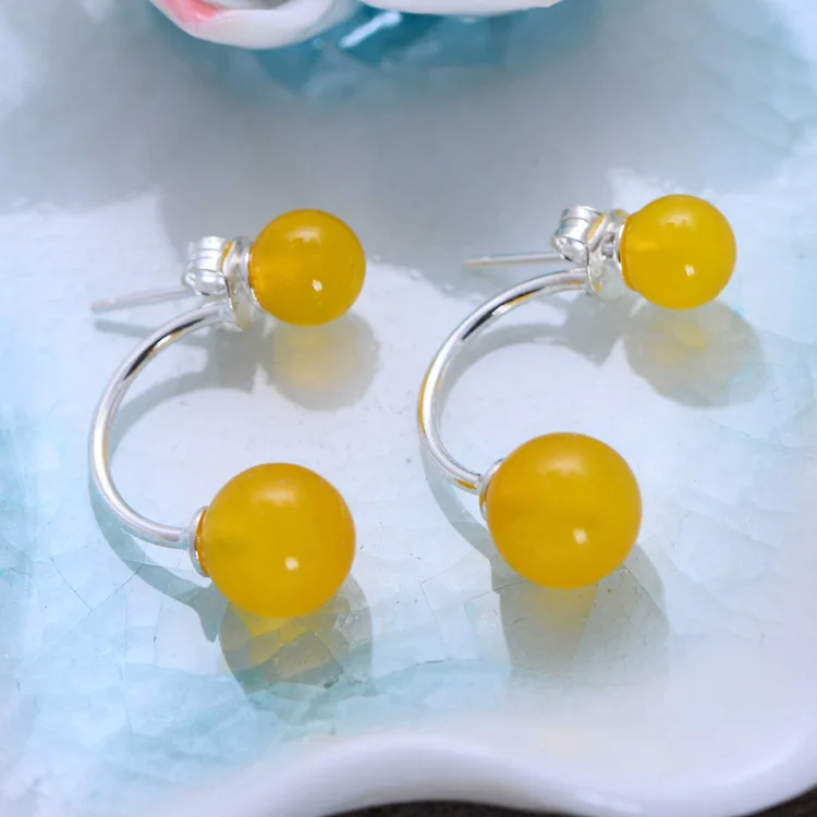 

Fashion 925 Sterling Silver Yellow Chalcedony Ball Stud Earring Women Pure Silver Gift Brincos Aretes Jewelry CH057667