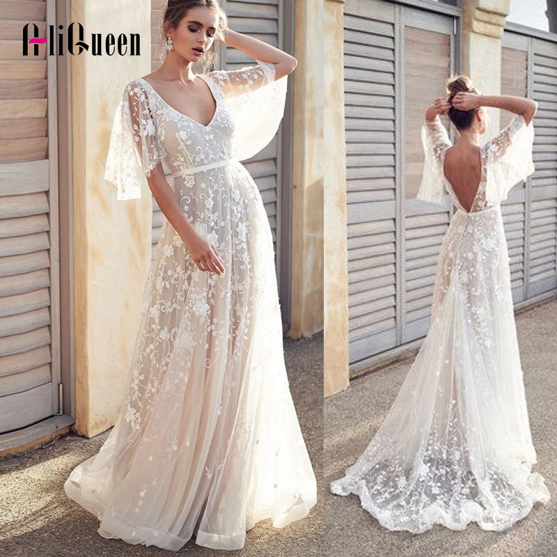 

2019 Women Elegant Casual Holiday Long Lace Dress Sexy Deep V Backeless Club Dresses Female White Ruffles Sleeve Party Dress