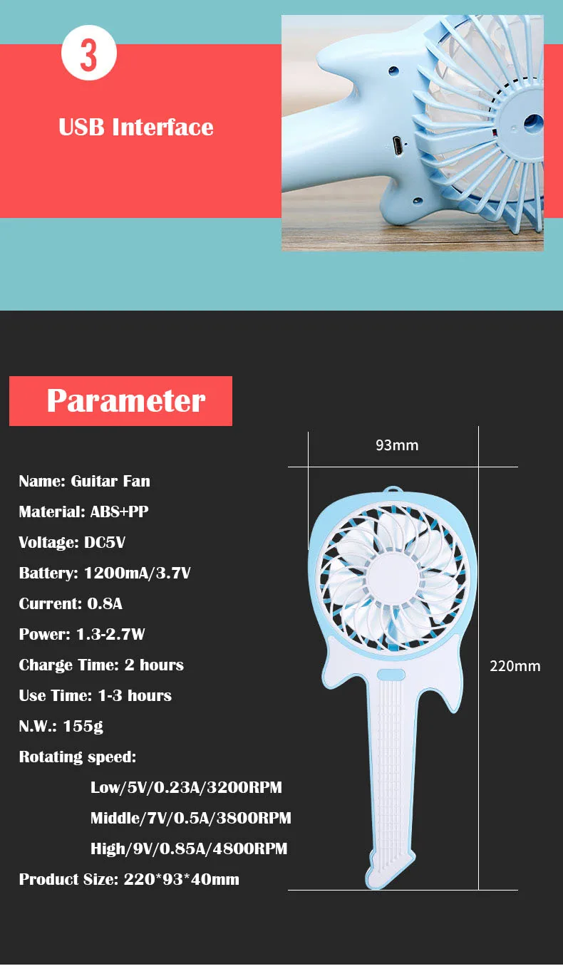 Модные гитер Стиль мини usb-вентилятор рукоять Портативный 1200 мАч Батарея Лето Вентилятор охлаждения Кондиционер