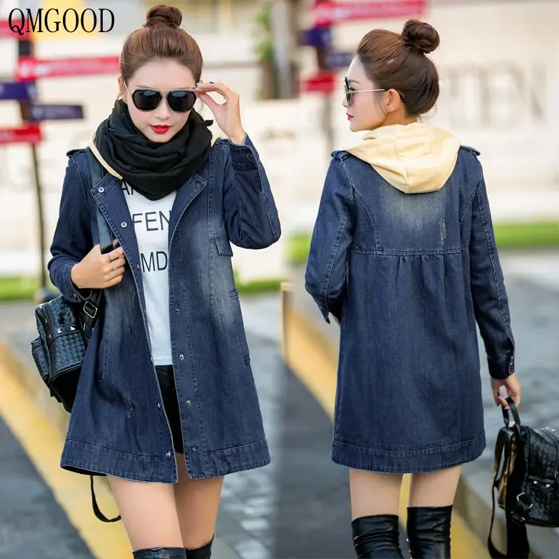 

QMGOOD Coat Women Fashion Jean Jacket 2018 Women Long Coat Denim Jacket Slim Female Jacket Bomb Women's Windbreaker Streetwear
