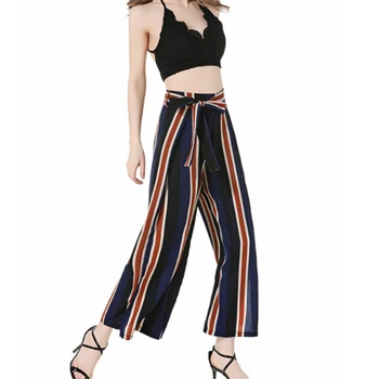 

Woman Ankle-length Pants Striped Loose Lace-up Wide Leg Pants High Waist Casual for Women
