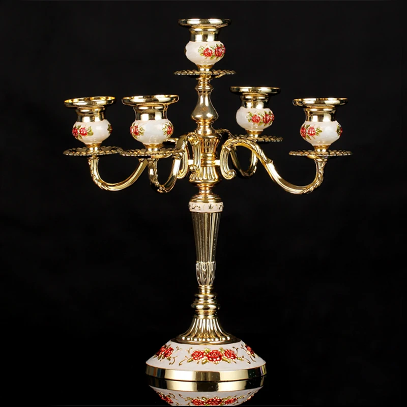 European Accents Embossed Rose Flower Design Gold Plating with White Hand Painted 3 pieces Zinc Alloy Stick Candle Holders European Accents Embossed Rose Flower Design Gold Plating with White Hand Painted 3 pieces Zinc Alloy Stick Candle Holders