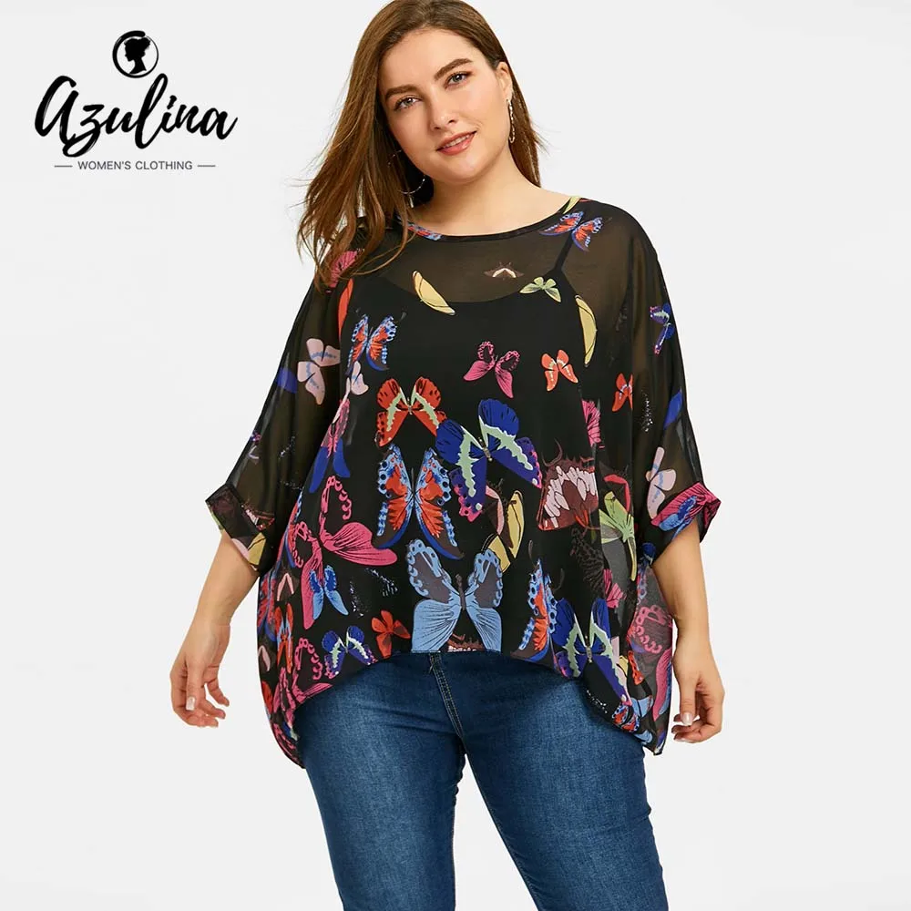 AZULINA Butterfly Print Plus Size Chiffon Blouse Womens