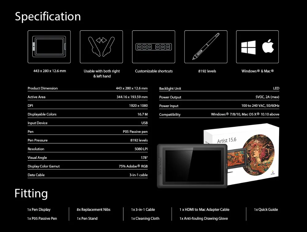 XP-Pen Artist15.6 Графический планшет монитор для рисования с настаиваемых клавишах 8192 пера
