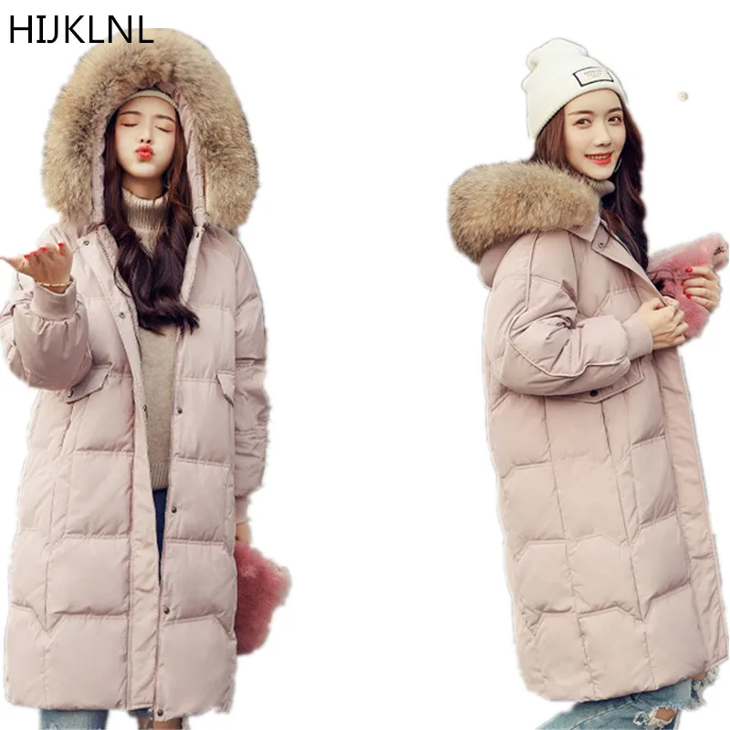 

2019 New Women's Winter Down Jacket Long Section Large Fur Collar Hooded 100% White Duck Downouter Thick Warm Loose Coat TQ379