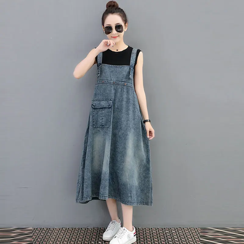 

Large Size Denim Strap Summer Dress Women Elastic Waist Loose Denim Dresses Female Big Pendulum Casual Long Dress Elegant Ladies