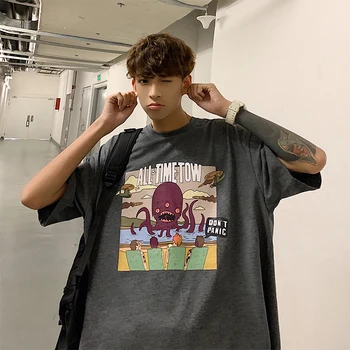

2019 Summer Korean Men Casual Loose Cartoon Printing Solid Color Cotton Tops Tee Round Neck Short Sleeve T-shirt Homme M-2XL