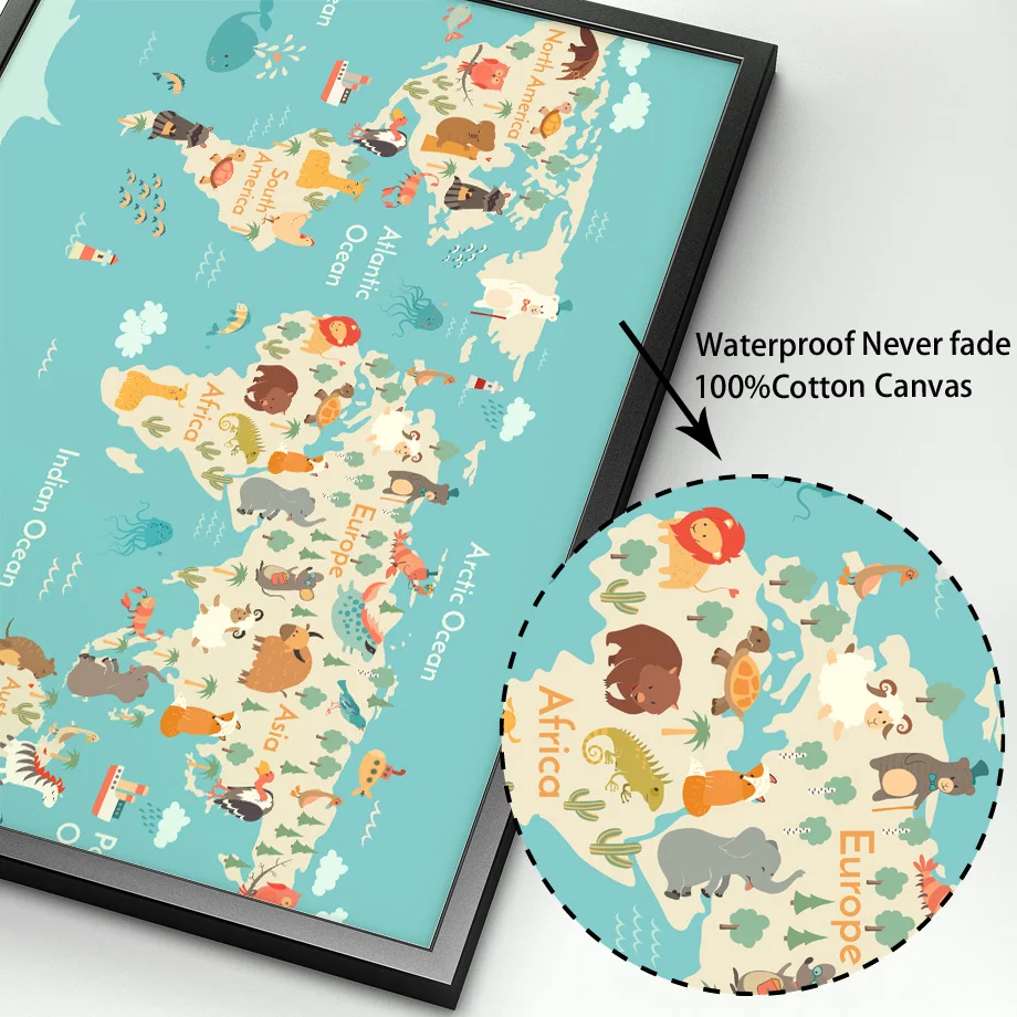 Мультяшные животные океана карта мира настенные художественные картины на холсте скандинавские плакаты и принты настенные картины для детской комнаты для декора детской комнаты