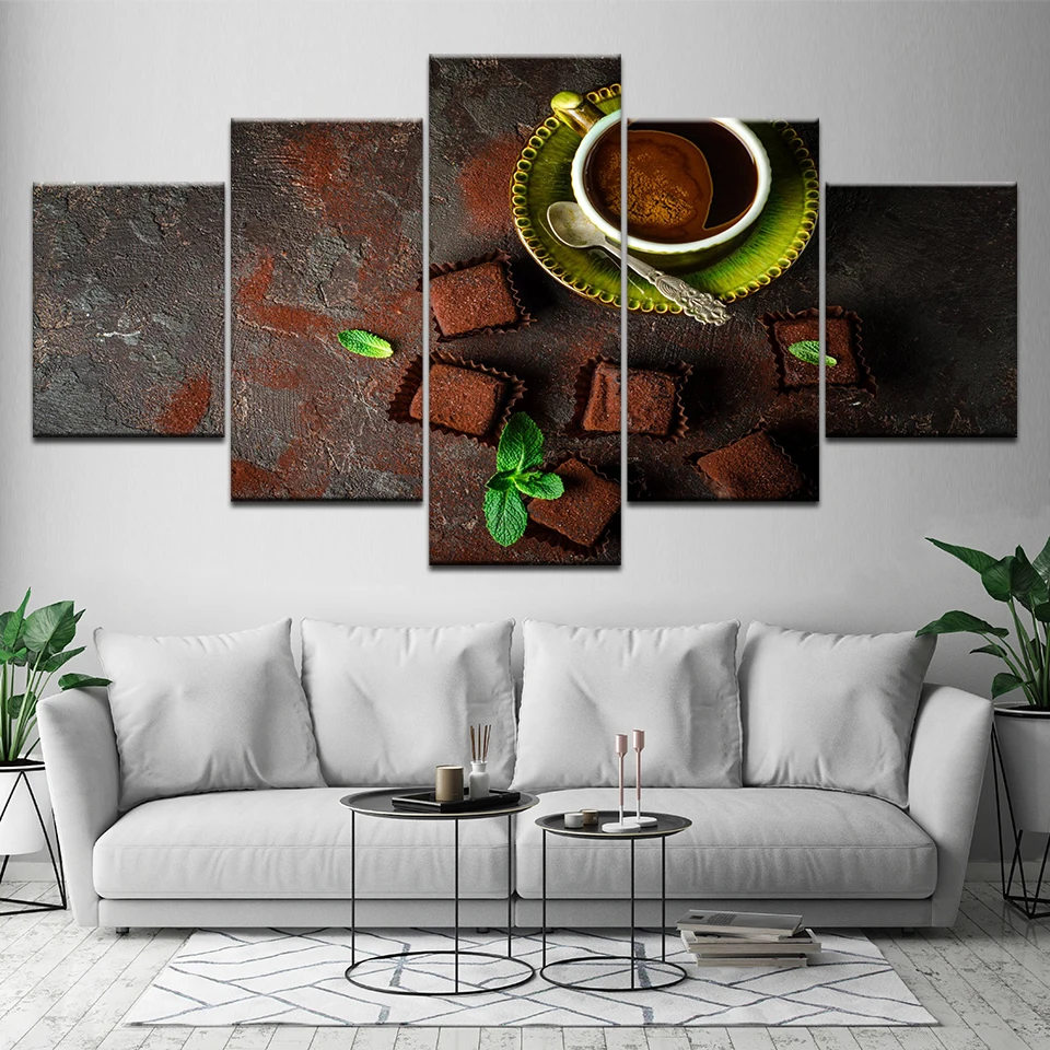 

Modular Canvas Printing Pictures 5 Pieces Coffee Green Leaves And Desserts Chocolates Painting Kitchen Decor Restaurant Wall Art