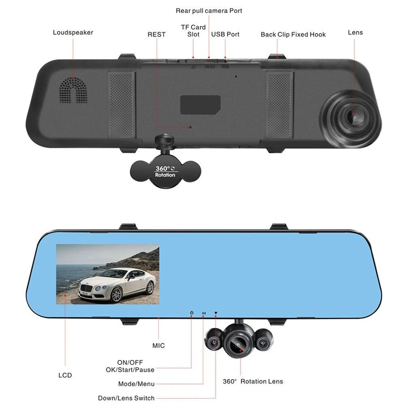 4 дюйма Full Hd 1080P 140 градусов Автомобильный видеорегистратор зеркало заднего вида с