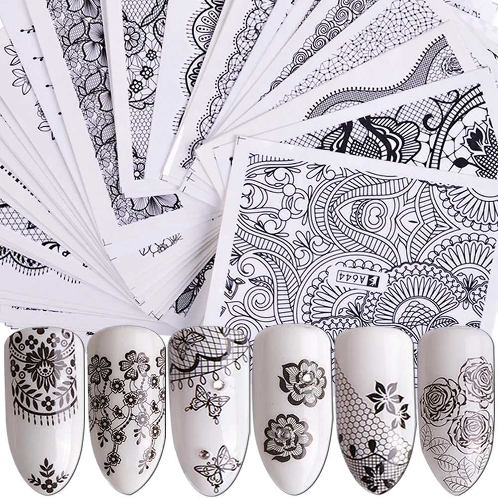 

40pcs Lace Flower Slider Water Nail Stickers Decal Set Butterfly Rose White Black Transfer Tattoo Foil Manicure Tips JIA625-672