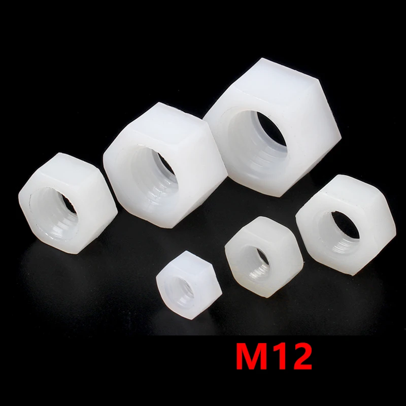 100 шт. DIN934 Метрическая резьба M12 Белая нейлоновая Шестигранная гайка пластиковые