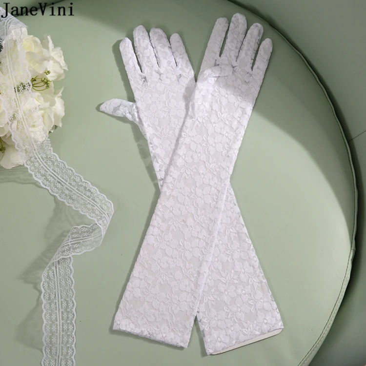 JaneVini 2019 Elegant White Glove Lace Wedding Gloves Elbow Length Bridal Hand Gloves Full Finger Women Long Wedding Accessories womens mid length satin gloves fingerless hook finger ruched bridal gloves wedding accessories