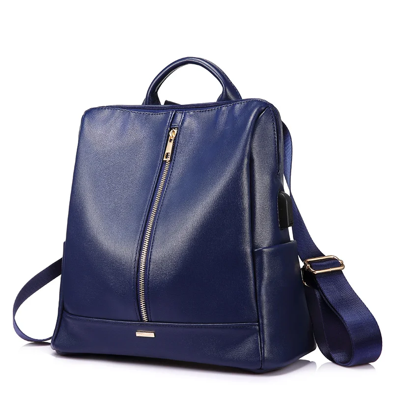 LOVEVOOK рюкзак женский школьный рюкзак для девочек подростков с внешним USB противоугонные рюкзаки женский большой PU ручная сумка женская - Цвет: Синий