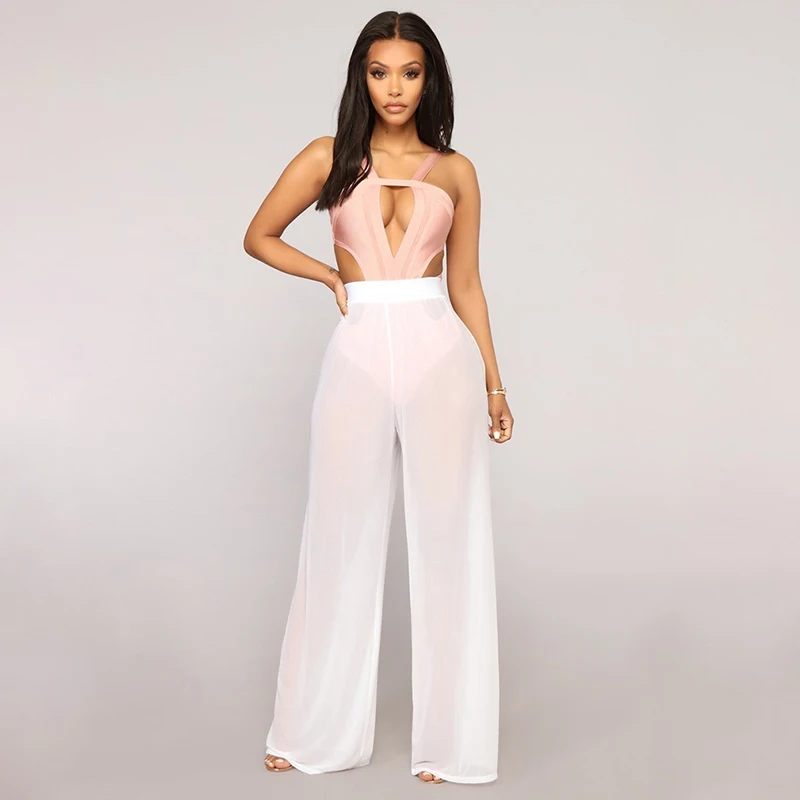 

Sexy Mesh Perspective Pants Women High Waist Wide Leg Pants Trousers Streetwear Pantalon Sun Protection Clothing