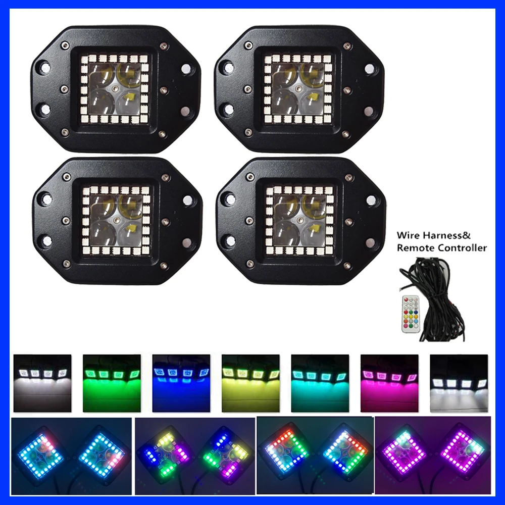 Set 4D 4" Leds Flush mount Led Work Light Bar Pod RGB halo Ring Change Chasing Set 4D 4" Leds Flush mount Led Work Light Bar Pod RGB halo Ring Change Chasing