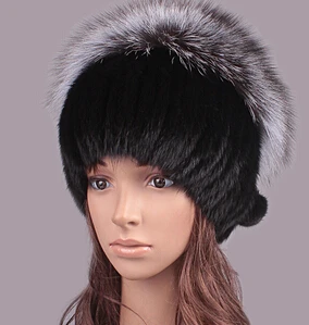 Горячая Распродажа, новые женские шапки, натуральный мех норки, шапка из кусков, натуральный мех серебристой лисы, шапочки, зимняя теплая меховая шапка для женщин, шапки - Цвет: Черный
