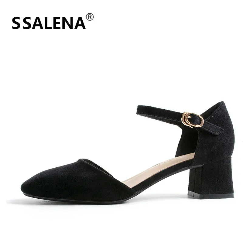 

Women's Ankle Strap Buckle Pumps Ladies Party Closed Toe Flock Mature Shoes Women Med Heels Causal Shoes AA51654