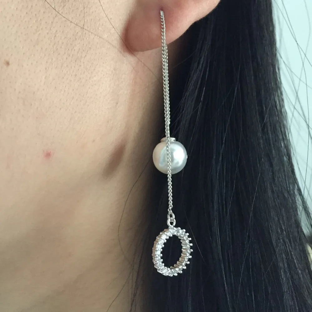 fashion jewelry unique design long ear line earring circle 2 pendant cz