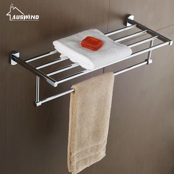 

AUSWIND Modern 304 Stainless steel silver polish bath towel rack bathroom shelf 2 layer wall mount bathroom products