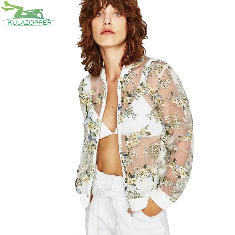 

Harajuku Summer Sunscreen Women Jacket Floral Print Zipper Casual Jacket Coat Outwear Transparent Bomber Jacket Sunproof ZS074