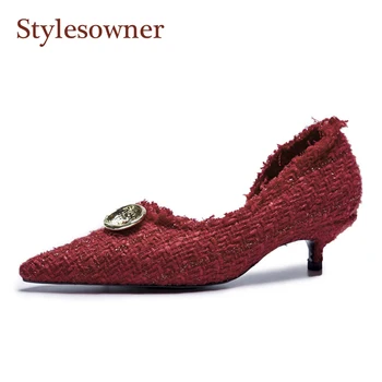 

Stylesowner Women Summer Autumn Pointed Toe Single Shoe One Side Open Hemp Button Decor Runway Party Shoe Black Red Top Fashion